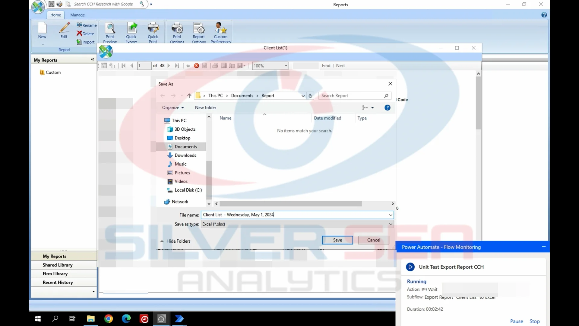 Screenshot of CCH interface showing a 'Save As' dialog to export a client list report to Excel. The Power Automate flow window below shows a process titled ‘Unit Test Export Report CCH’ running step 9 with a timer.