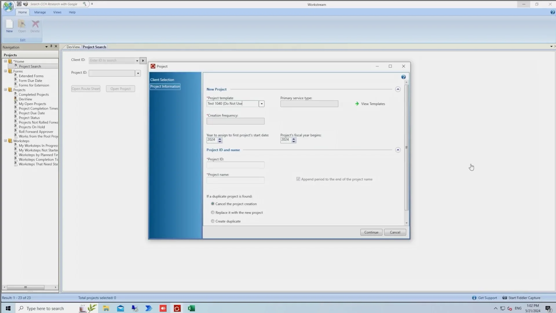 Screenshot of CCH Workstream software showing the project creation window with fields for project template, ID, name, fiscal year, and duplicate project handling options.