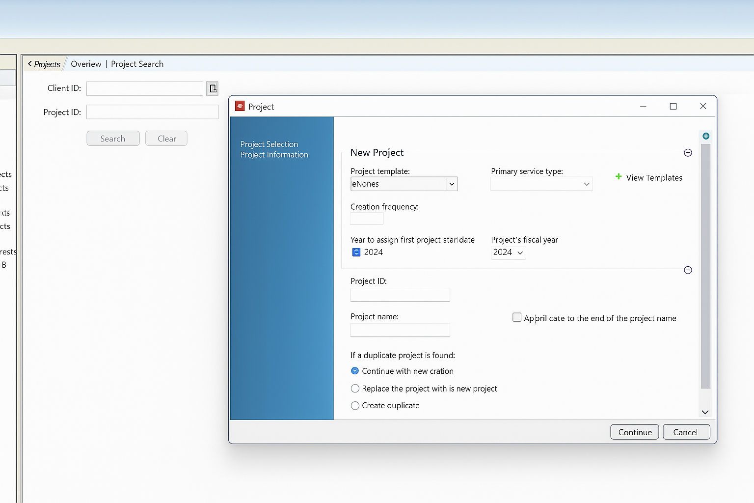 Screenshot of CCH Workstream project management software displaying the 'New Project' setup window. The interface includes dropdowns for project template and fiscal year, fields for project ID and name, and options to handle duplicate entries. Navigation tabs and search filters appear on the left sidebar.