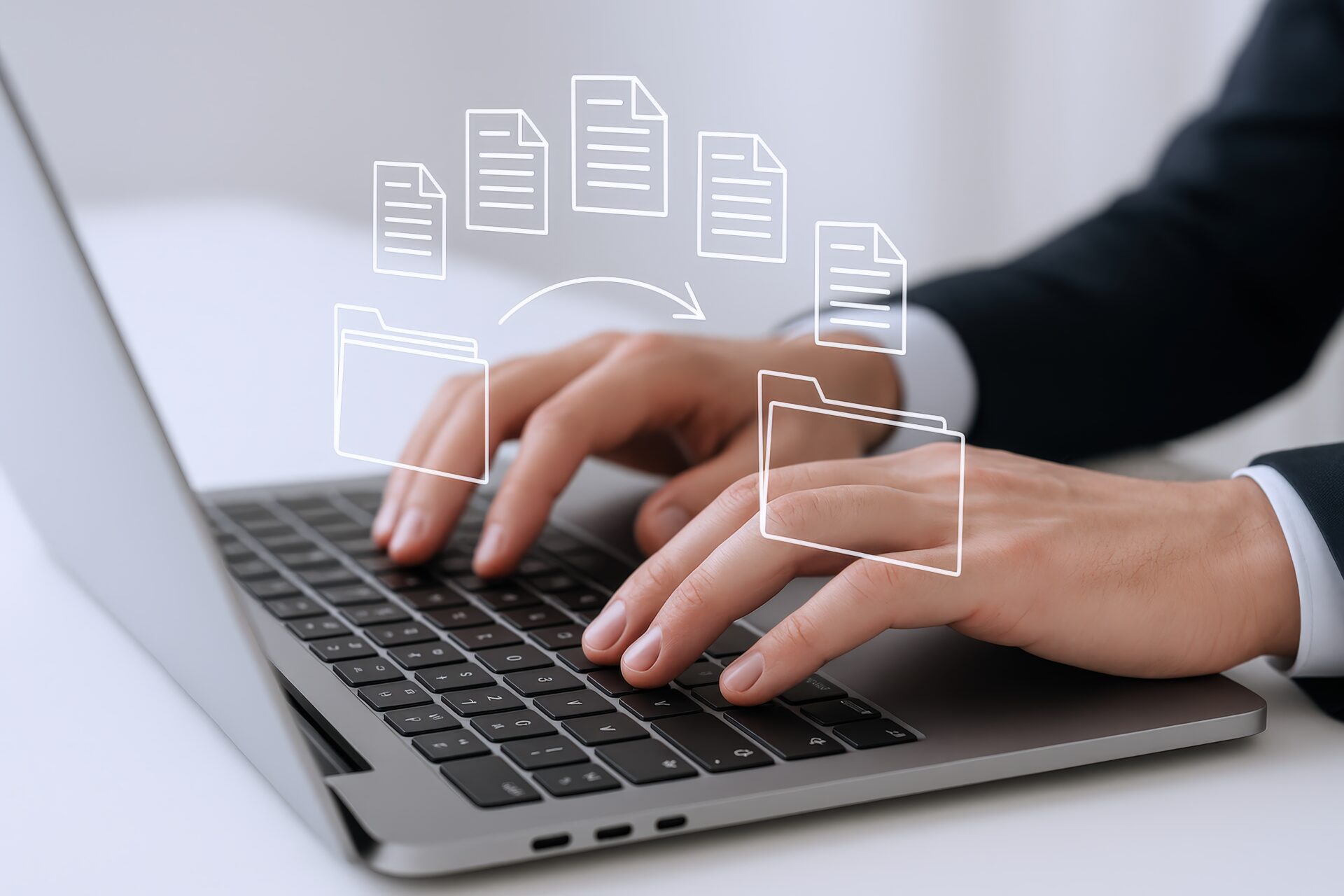 Illustration of documents being organized during a migration process.