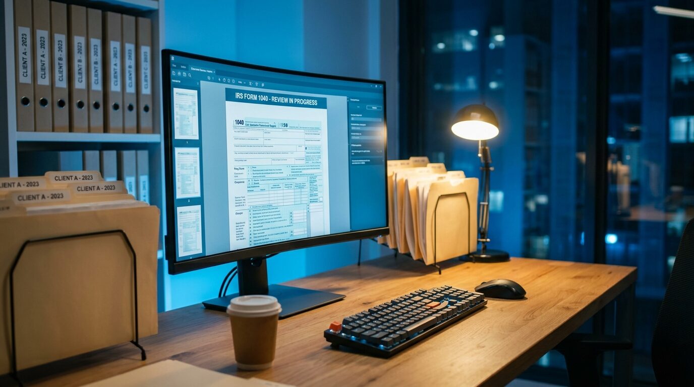 CPA firm 1040 automation pipeline running overnight on office monitor
